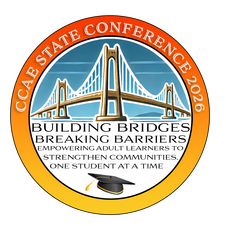 CCAE State Conference 2026 logo featuring a suspension bridge and the text 'Building Bridges, Breaking Barriers: Empowering Adult Learners to Strengthen Communities, One Student at a Time'
